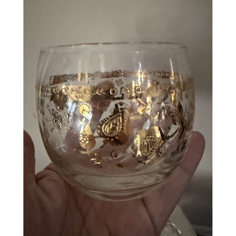 Vintage Culver Chantilly Roly Poly Glasses Mid Century Gold Floral Barware Set 5 - Picture 4 of 7